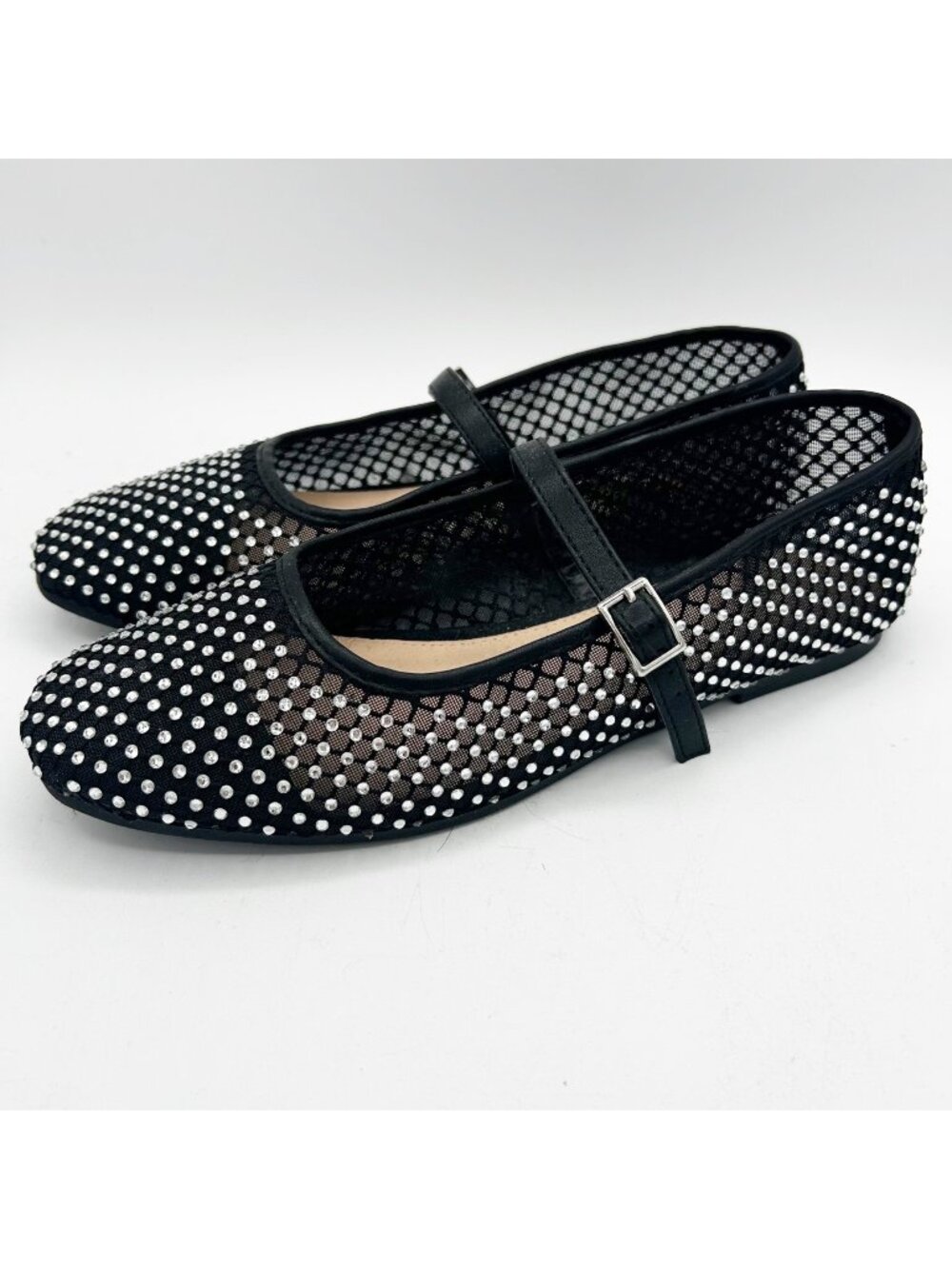 Women's Black Mesh Rhinestone Mary Jane Flats